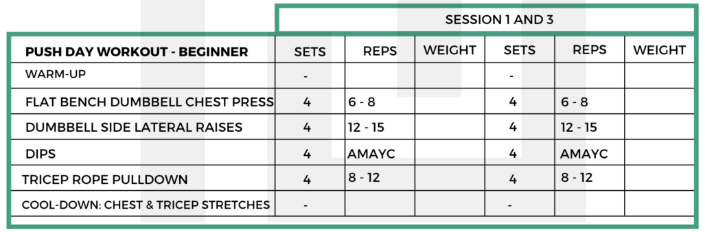 Push Day Workout Day 1 and 3